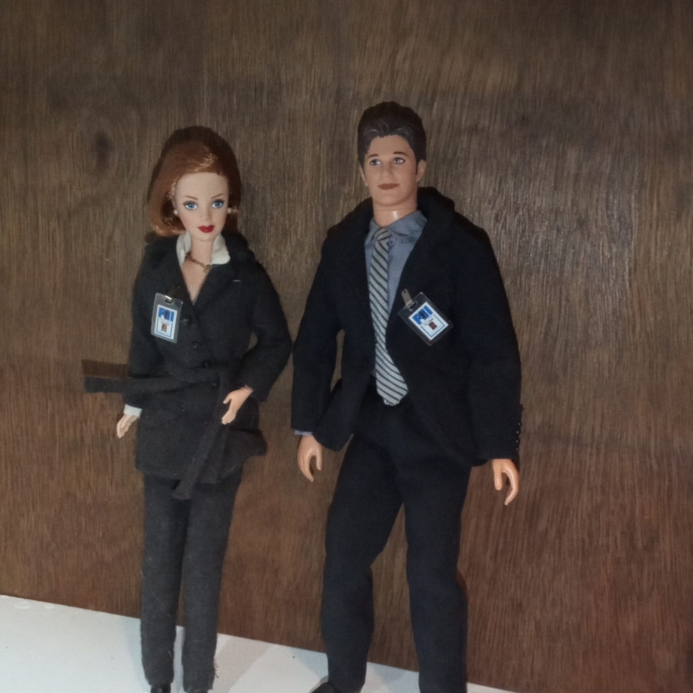 Barbie Dolls in Black Suits with Brown and Black Hair